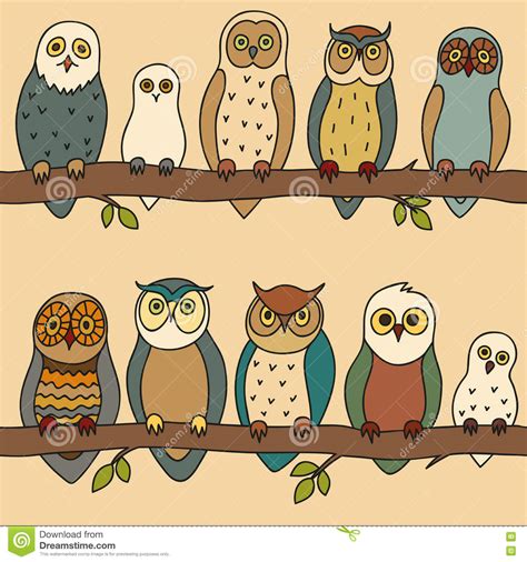 Seamless Pattern With Owls Sitting On The Branches Stock Vector