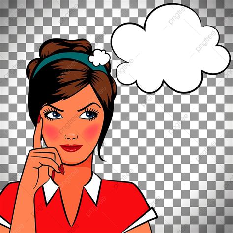 Thinking Woman In Pop Art Comic Style Isolated On Transparent