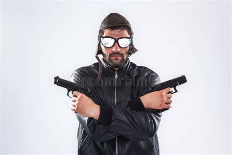 Serious Man Holding Two Guns In His Hands Stock Image Image Of