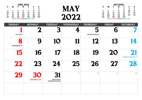 Free Printable May 2022 Calendar With Holidays Pdf Png
