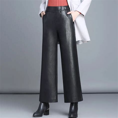 autumn winter fashion women elegant elastic high waisted wide leg ankle length pu leather pants