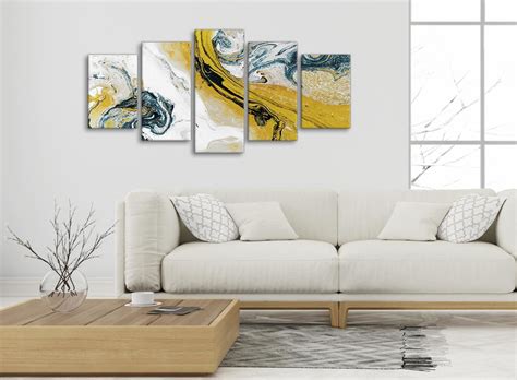 Mustard Yellow And Teal Swirl Bedroom Canvas Pictures