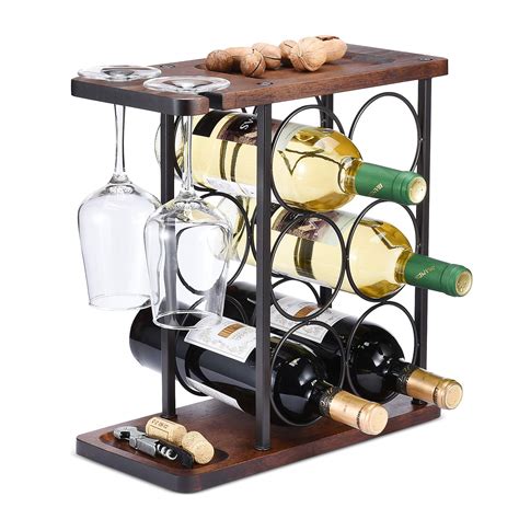 Buy Allcener Wine Rack With Glass Holder Countertop Wine Rack Wooden Wine Holder With Tray