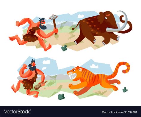 Cavemen Hunting Animals In Stone Age Set Vector Image