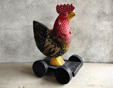 Wooden Rooster Statue On Wheels Chicken Folk Art Primitive Decor