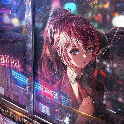 2932x2932 Anime Girl Bus Window Neon City Ipad Pro Retina Display