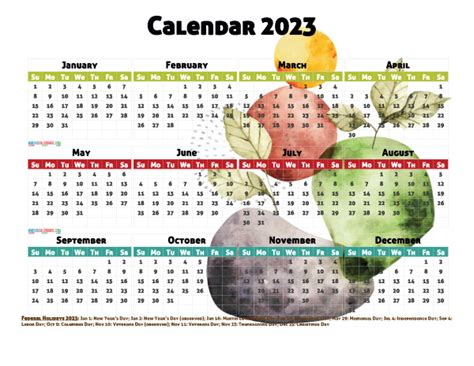 Free Printable 2023 Calendar With Holidays 12 Templates Watercolor Holiday Templates