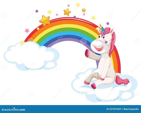 Cartoon Unicorn Sitting On A Cloud With Rainbow Stock Vector