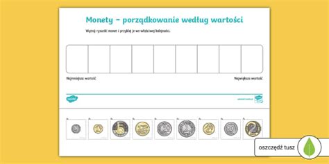 Polskie monety Uporządkuj i przyklej Karta pracy
