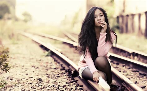 Asian Oriental Tracks Railroad Train Mood Women Females Girls Brunettes Face