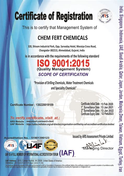 Certificate Chemicals Company Ahmedabad Gujarat India Chemical