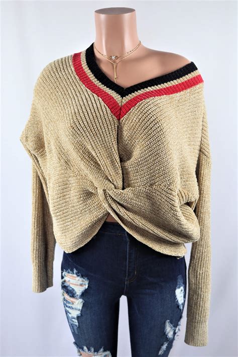 Twisted Light Brown Sweater Striped Twist Front Chenille Sweater Top