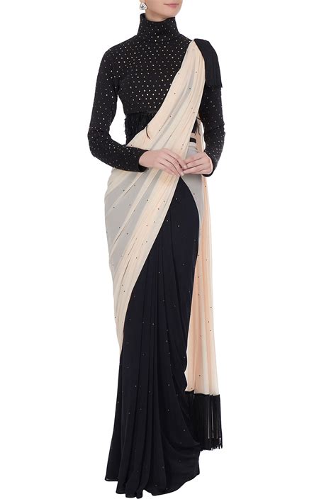 Buy Black Mesh And Cream Embellished Concept Saree With High Neck Blouse For Women By Pooja