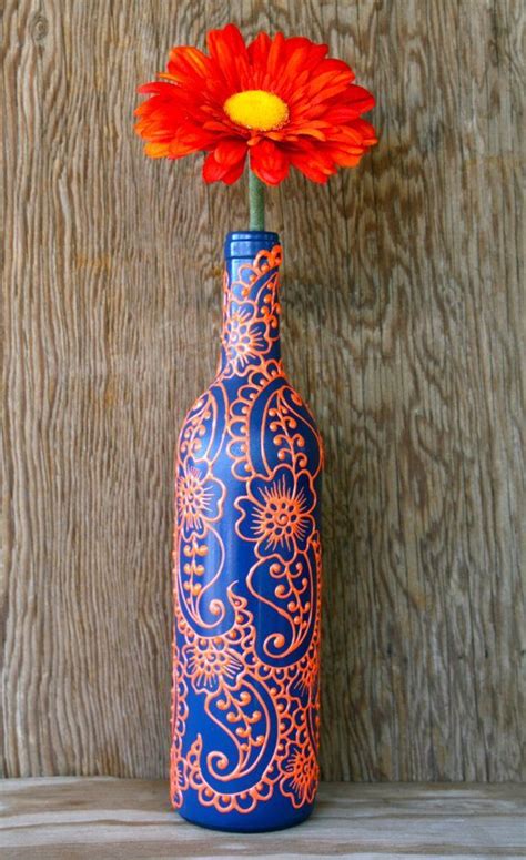 Hand Painted Wine Bottle Vase Up Cycled Dark Blue And Bright Orange