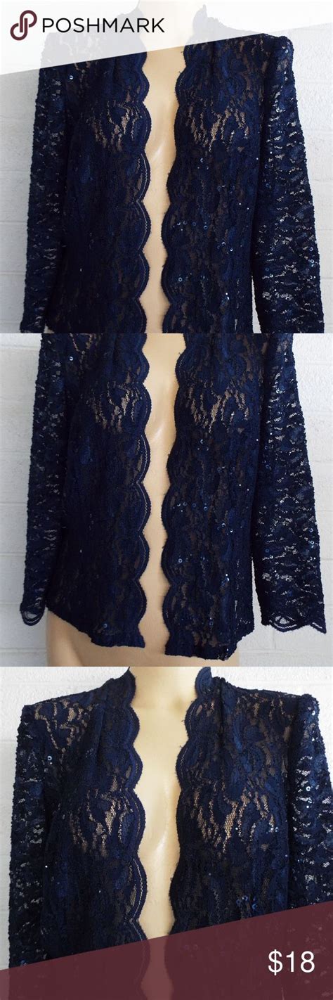 Sheer Navy Blue Lace Sequined Open Jacket M Blue Lace Sequined