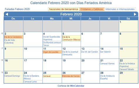 Calendario Febrero 2020 Para Imprimir América