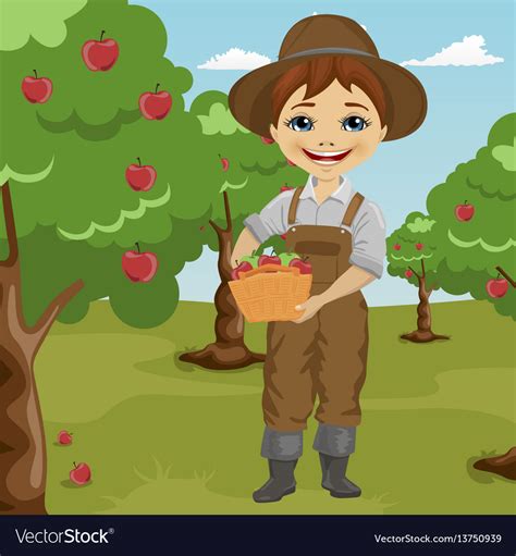 Farmer Little Boy Picking Apples Royalty Free Vector Image