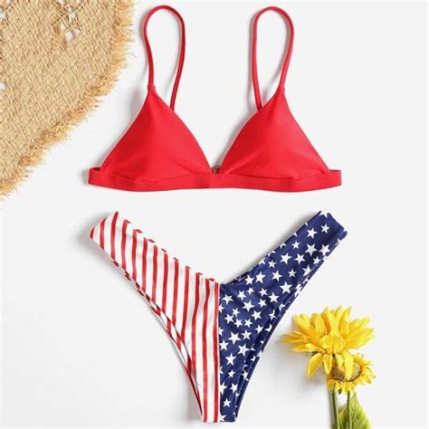 high cut spaghetti straps american flag printed bikini set 1 bandeau bikini set bikini set