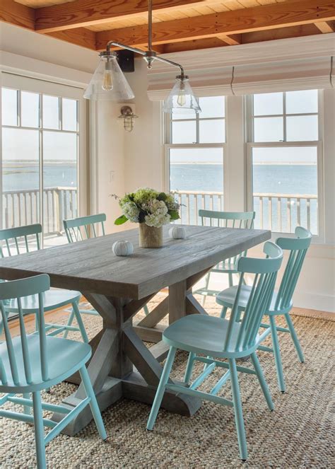 A traditional dining table set inspired by the farmhouse antique furniture look. Coastal Dining Room With Beachy Blue Dining Chairs | HGTV ...