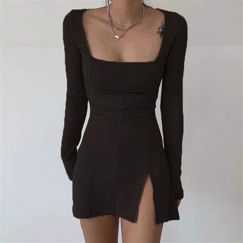elegant dress square neck ribbed black female knitted side split bodycon long sleeve fashion
