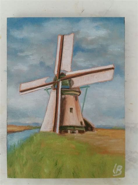 One Of The Windmills Kinderdijk Small Oil Painting 9x11cm By Artist