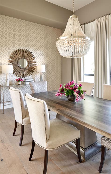 Transitional Dining Room With European White Oak Floors And Wallpaper