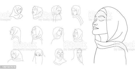 Linear Arab Women In Hijab Set Of Contemporary Minimalist Female Portraits With Closed Eyes Hand