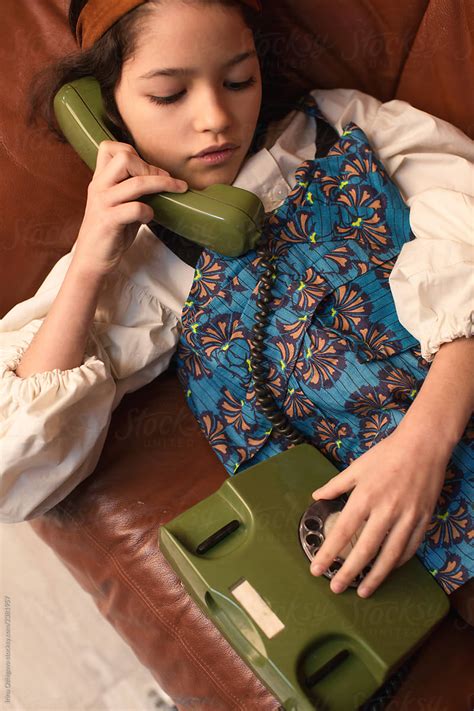 Pretty Little Girl And Retro Phone By Irina Ozhigova