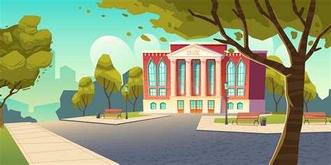 Cartoon School Building With Green Yard Stock Vector Illustration Of