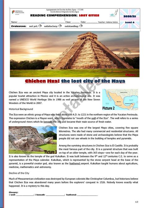 Reading Comprehension Ancient Cities Chichen Itza Esl Worksheet By