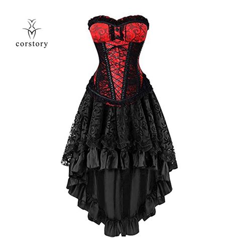 Corstory Victorian Steampunk Red Brocade Corset Black Lace Gothic Skirt