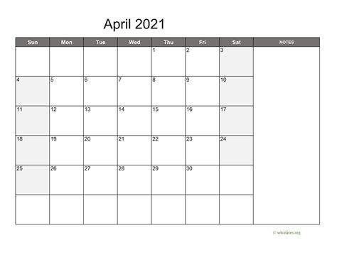 April 2021 Calendar With Notes