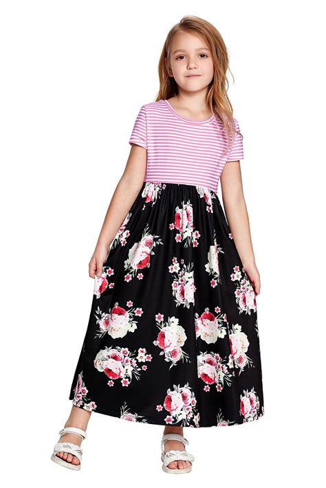 Black Floral Print Little Striped Girls Maxi Dress Girls Dresses