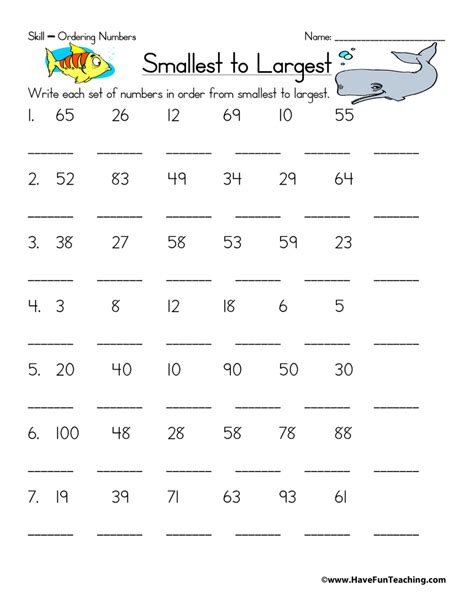 Grade 1 Math Worksheets Ordering Numbers