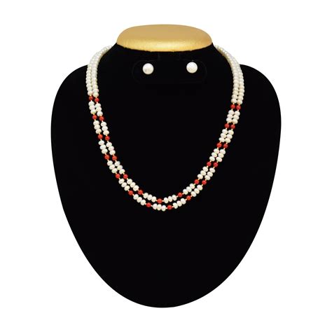 Lines Pearl And Coral Necklace In Mm Half Round Pearls