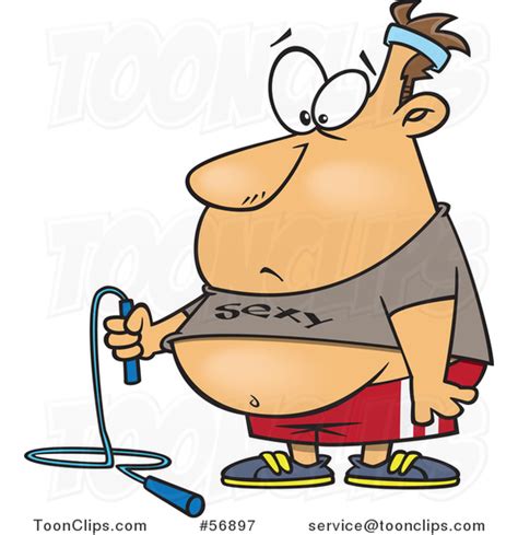 Cartoon White Fat Guy Holding A Jumprope And Wearing A Sexy Shirt Ready To Work Out By