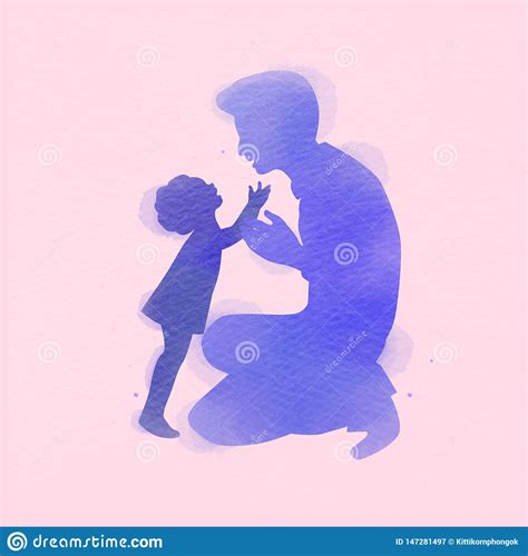 Father With Daughter Silhouette Plus Abstract Watercolor Painted Happy