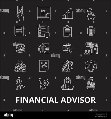 Financial Advisor Editable Line Icons Vector Set On Black Background