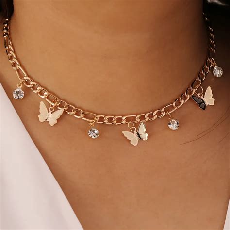 Gold Color Rhinestone Butterfly Pendant Necklace Women Fashion