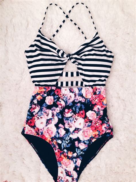 High Waisted One Piece Swimsuit Stripes And Florals Swimsuits Swimwear Cute Swimsuits