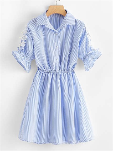 lace trim fluted sleeve striped dressfor women romwe fashion outfits girls fashion clothes