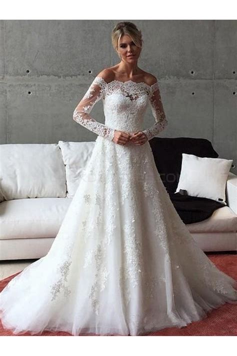 A Line Long Sleeves Lace Off The Shoulder Wedding Dresses Bridal Gowns