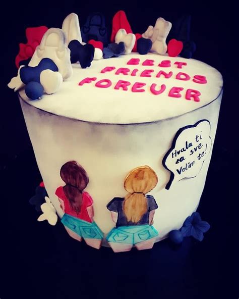 a birthday cake decorated with two women and the words best friends forever written on it