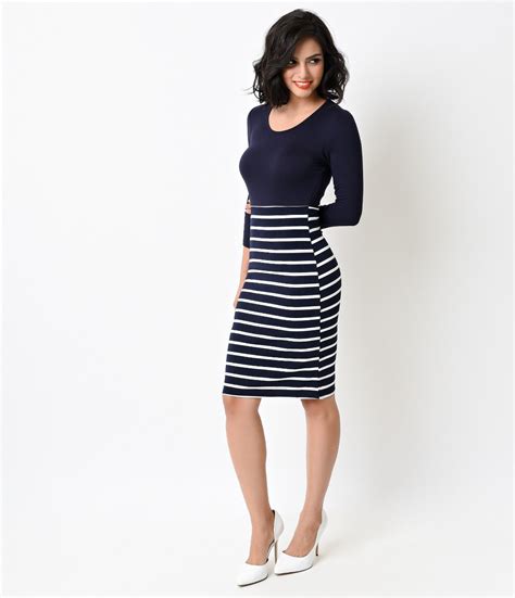 Retro Style Navy And White Stripe Sleeved Color Block Wiggle Dress