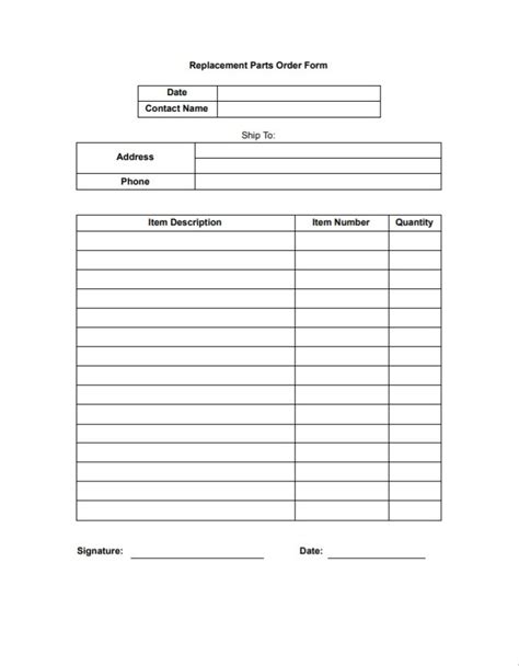 Parts Order Form Template Free