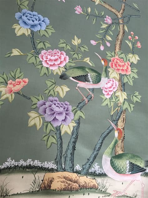 Handpainted Chinoiserie Silk Wallpaper Panel Size 3ft By 8ft Etsy