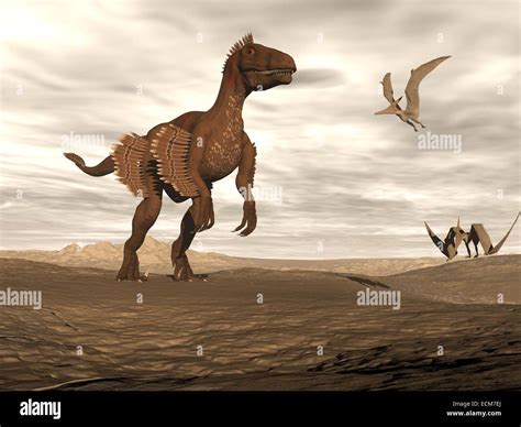 Beautiful Velociraptor Dinosaur In Desertic Landscape With Two