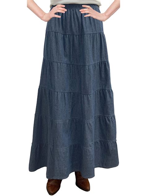 Babyo Clothing Womens Ankle Length Tiered Long Denim Prairie Skirt