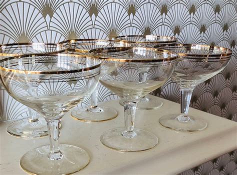 Six Stylish Vintage Art Deco Coupe Champagne Glasses With Gold Bands C1930 Perfect For Party