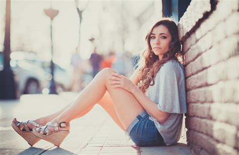 Wallpaper Sunlight Women Outdoors Model Street Brunette Legs Sitting Dress Jean Shorts